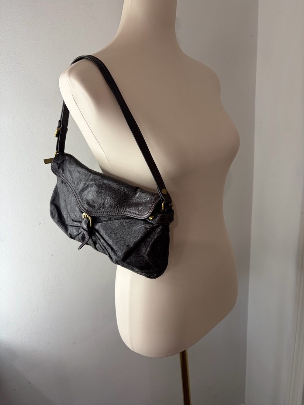 Y2K Kooba Black Leather Shoulder Bag with Brass Hardware